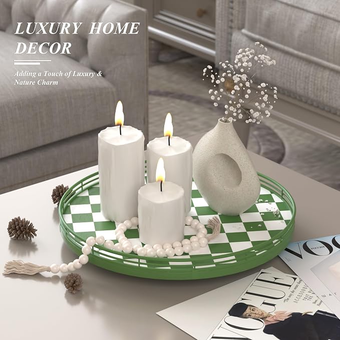 AMH 13-Inch Green and White Checkerboard Lazy Susan with Rubberwood Base | Smooth rotating oak tray with walnut finish for dining tables, kitchen counters, pantries and cabinet storage. - Image 3