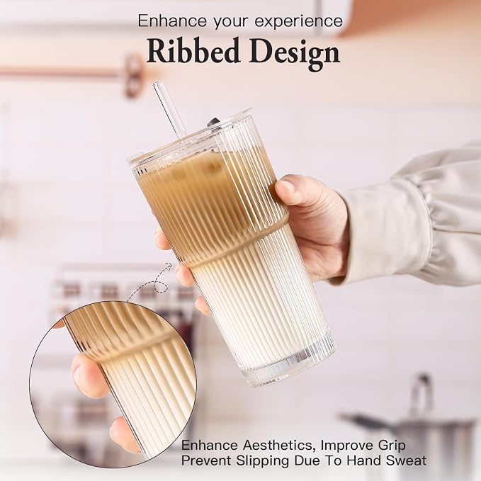 4PCS Ribbed Glass Cups with Lids and Straws, 20oz Vintage Drinking Glasses, Aesthetic Iced Coffee Cups, Glass Tumbler for Boba, Beer, Tea, Cocktails, Ribbed Glassware Set,Clear - Image 3