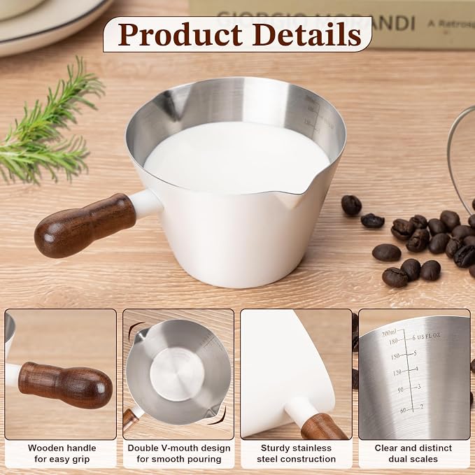 Amrules Espresso Cup, 6.8 oz/200 ml Stainless Steel Coffee Shot Measuring Cup with Wood Handle, Double V-Shaped Mouth and Clear Scale for Cappuccino Barista Coffee Bar Accessories, White - Image 3