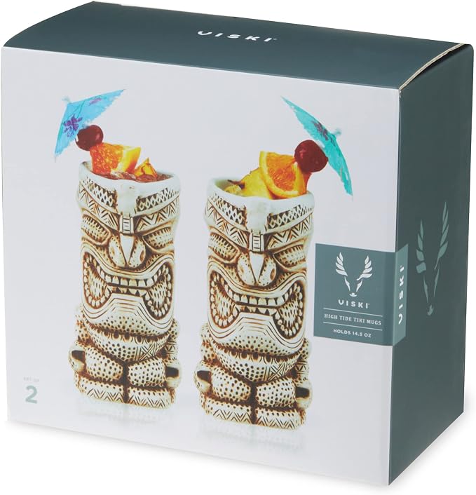 Viski High Tide Tiki Mugs - Hand Painted Ceramic Tiki Glasses for Cocktails - Tiki Barware 14.5oz Highballs Set of 2 White - Image 9