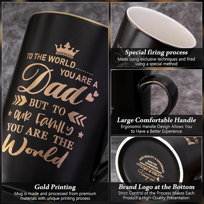 Birthday Dad Gifts from Daughter Son, 14Oz Coffee Mug Print Real Gold | Unique Matte Black Ceramic Cup With Lid Spoon Card Nice Box - Christmas Birthday Fathers Day Gifts for Dad Husband Stepfather - Image 4