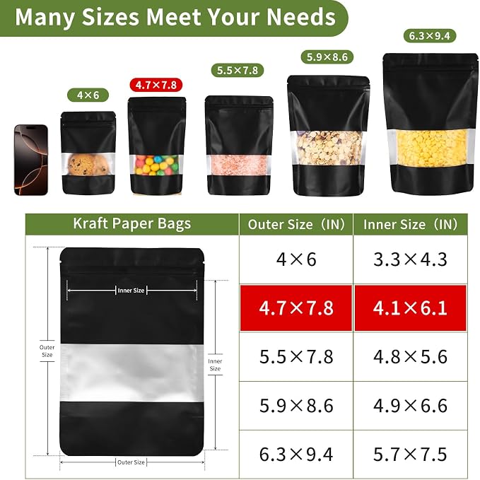 Motomy 100Pcs 4.7x7.8 Inch Stand Up Pouches Black Mylar Bags | Zipper Food Storage Coffee Snacks Baked Food Packaging for Small Business - Image 2