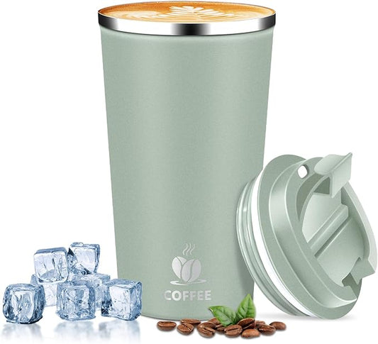 Insulated Travel Coffee Mug Reusable Coffee Tumbler Cup with Flip Lid Leak Proof Spill Proof for Office School Party Camping Hot and Cold Drink,Stainless Steel 17oz (Agave Green) by QEMAUUAHealthyLife