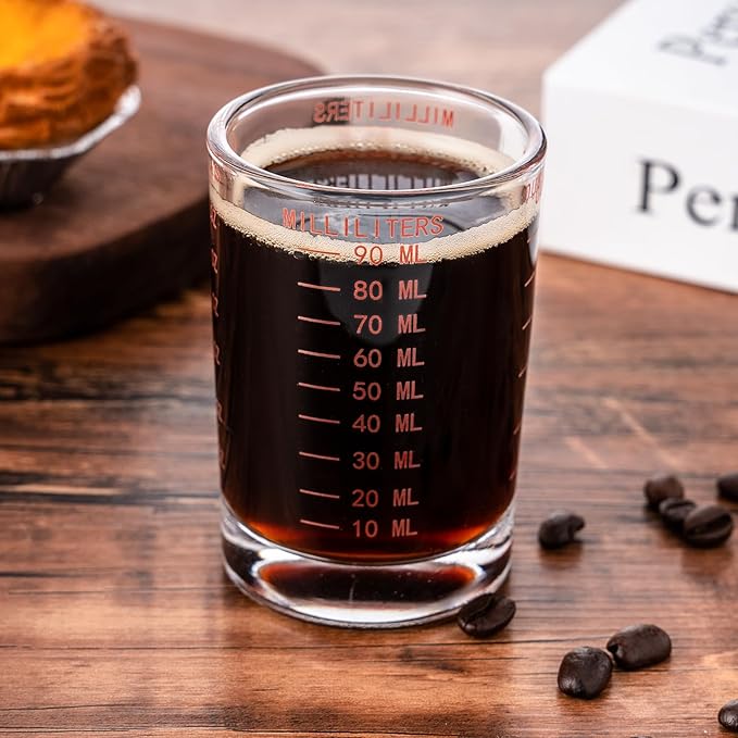 GLASKEY 2 Pack Shot Glass Measuring Cup Set,3 oz/90ml Liquid Heavy High Espresso Glass Cup,Dishwasher Safe,Measurement of Dry and Liquid Ingredients(Red)