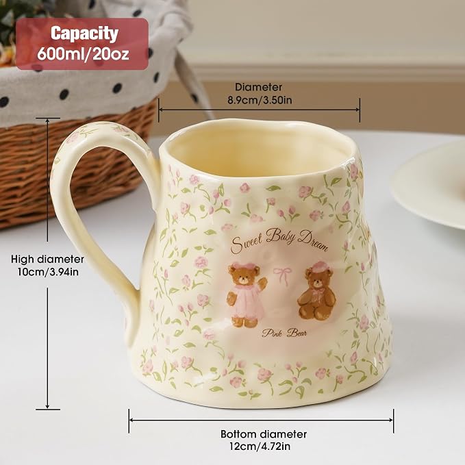 Cute Large Ceramic Coffee Mug Teddy Bear for Women, 20oz Girly Floral Mugs with Big Handle, Oversized Yellow Flower Cups for Birthday - Image 2