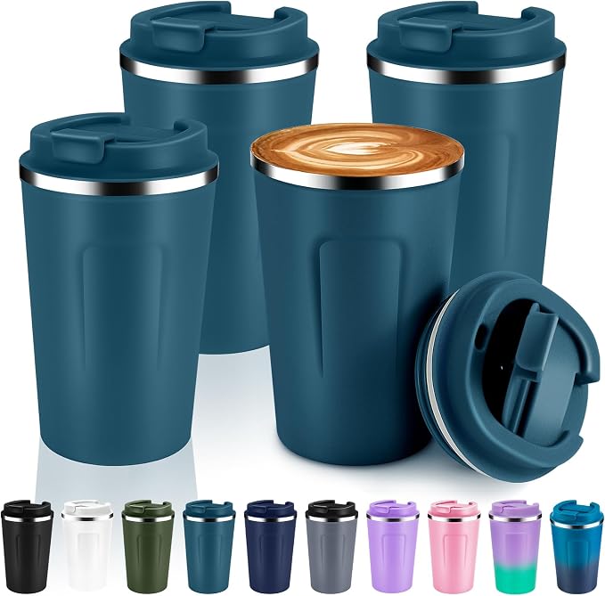 Volhoply 12 oz Double Wall Insulated Vacuum Travel Coffee Mug with Flip Lid Bulk 4 Pack,Reusable Stainless Steel Leak Proof Coffee Cups,Portable Cafe Thermal Tumbler for Hot & Cold Drinks(Bule,4 Set) by LiveFully%EF%BC%8CDrinkFreely%E2%80%94KeepGoingwithVolhoply%EF%BC%81