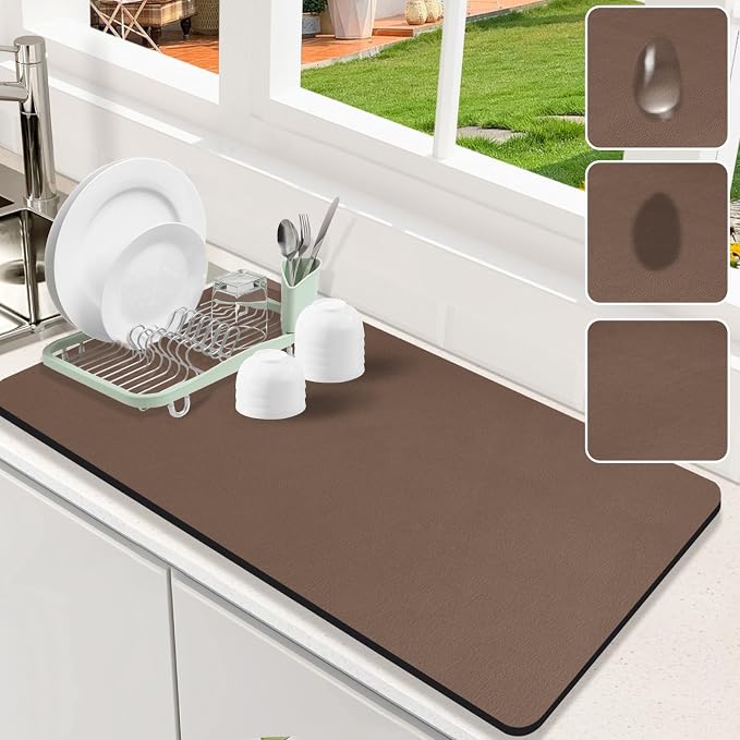 Dish Drying Mat for Kitchen Counter, Pad with Rubber Backed (Brown,17x31.5) | Hide Stain Anti Absorbent for Kitchen Counter, Non-slip Drying Mat for Coffee Machine Dish Rack by Etomiel