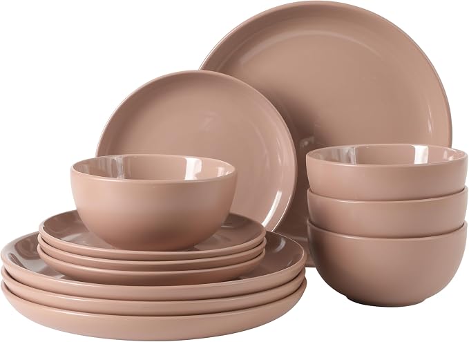 Gibson Home Rockaway 12 Piece Plates and Bowls Matte Outside/Shiny Inside Glaze Service for 4 Dinnerware Set - Pink - Dishwasher and Microwave Safe by GibsonHomewares