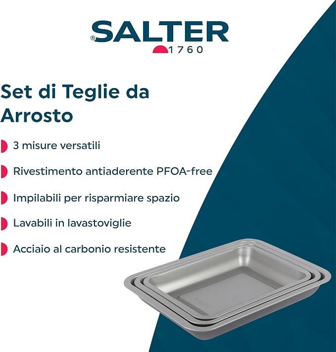 Salter Essentials Roasting Tray Set, 3 Piece Carbon Steel, 31/35/39 Cm | Non-Stick Coating, PFOA-Free, Dishwasher Safe, Stackable Nesting Design, Even Heat Distribution, Made In The UK - Image 2