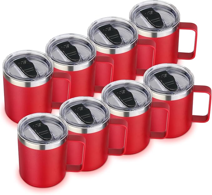 Volhoply 14oz Insulated Stainless Steel Coffee Mug with Lid Bulk 8 Pack,Double Wall Vacuum Travel Coffee Cup with Handle,Reusable Metal Cups Tumbler,Camping Mugs Keep Hot,Ideal Gifts(Red,8) by LiveFully%EF%BC%8CDrinkFreely%E2%80%94KeepGoingwithVolhoply%EF%BC%81