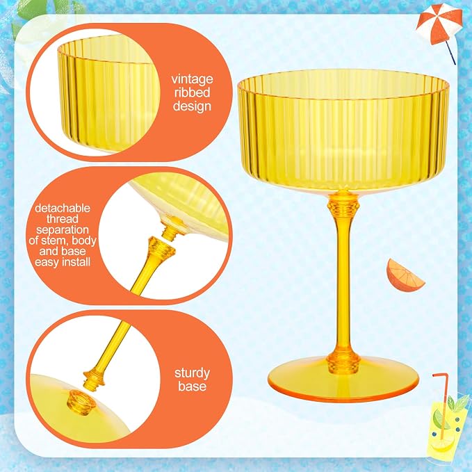 Jingmore 24 Pcs Ribbed Martini Glasses 10 oz Disposable Plastic Vintage Ribbed Coupe Glasses Unbreakable Dessert Parfait Glassware for Wedding Birthday Party Supplies (Hawaii Colors) - Image 4