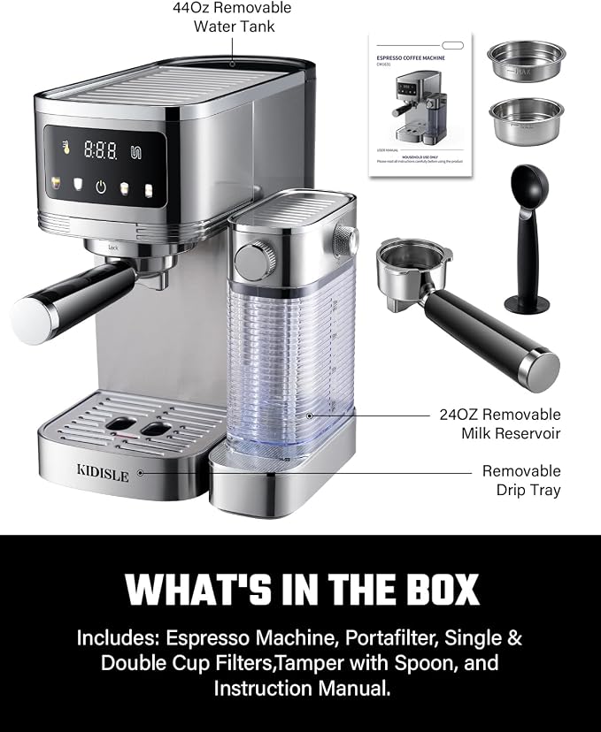 KIDISLE 20 Bar Espresso Machine with Auto Milk Frother & Touchscreen, 1350W | Dual Boiler 1350W Brew +1000W Froth, Pre-Infusion Rich Crema, 44oz Water + 24oz Milk, 3-in-1 Espresso, Cappuccino, Latte - Image 7