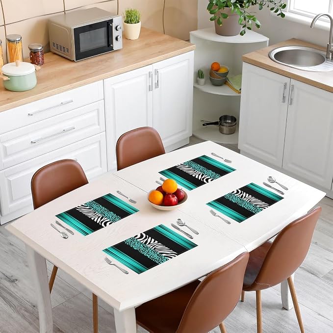 Feelyou Kids Leopard Zebra Placemats Set of 4 18"x12" Ombre Teal Black Table Place Mats, Set for Decor Cheetah Placemat for Kitchen Dining Table Decor Indoor Outdoor Animal Print - Image 3