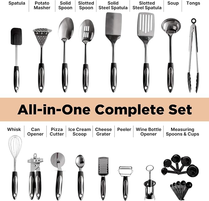 Asani 25-Piece Stainless Steel Kitchen Utensil Set | Non-Stick Cooking Gadgets and Tools Kit | Durable Dishwasher-Safe Cookware Set | Kitchenware Gift Idea, Best New Apartment Essentials - Image 2