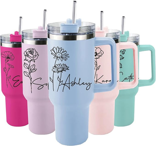 Ships Next Day,Birth Flower 40 Oz Tumbler with Handle and Straw, Personalized Tumbler with Name Insulated Cup Reusable Stainless Steel Water Bottle Travel Mug Christmas Birthday Gifts for Women