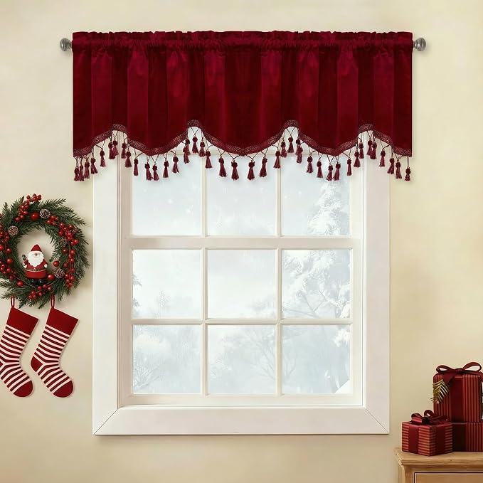 Red Tassel Christmas Velvet Valances Curtains 52x18 Inch 2 Panels | Christmas Home Decoration, Rod Pocket Kitchen Tassel Tier Curtains Room Darkening Window Drapes for Bedroom, Bay Window by StangH