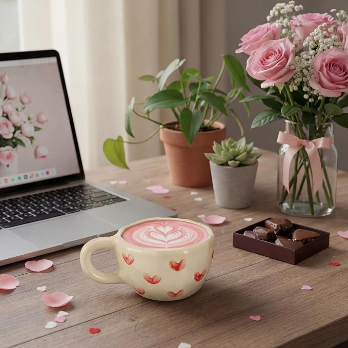Vesici 2 Pcs Ceramic Coffee Mugs with Spoon, Vintage Floral Spring Mugs with Handle, 8.5 oz Aesthetic Flower Porcelain Tea Cup Set, Dishwasher & Microwave Safe Mothers Day Gifts for Mom(Heart,Rose) - Image 5