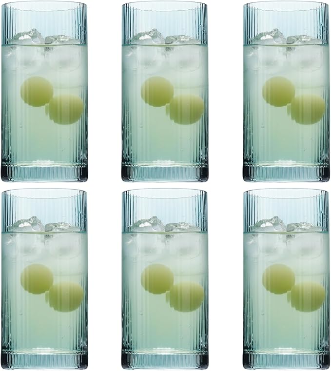Physkoa Sage Green Ribbed Drinking Glasses Set of 6 – Vintage Embossed Highball Glassware, Thick Durable Tumbler Cups for Water, Juice, Cocktails, Iced Coffee, Kitchen Bar Gift Set by Physkoa