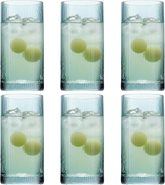 Physkoa Sage Green Ribbed Drinking Glasses Set of 6 – Vintage Embossed Highball Glassware, Thick Durable Tumbler Cups for Water, Juice, Cocktails, Iced Coffee, Kitchen Bar Gift Set by Physkoa