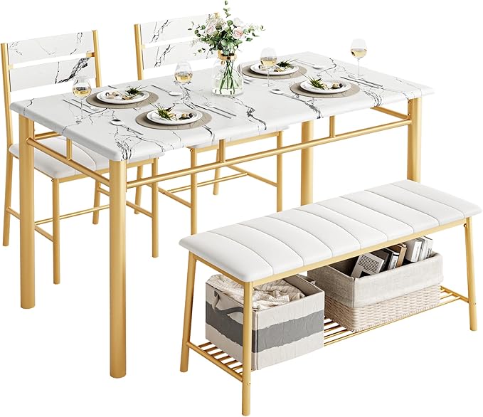 IRONCK Dining Table Set for 4, Kitchen Table and Chairs Set, White & Gold | Kitchen Table with Upholstered Bench and 2 Chairs for Small Space, Apartment by IRONCK