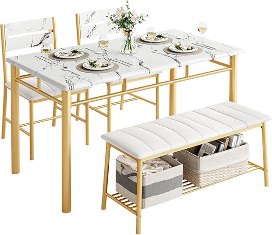IRONCK Dining Table Set for 4, Kitchen Table and Chairs Set, White & Gold | Kitchen Table with Upholstered Bench and 2 Chairs for Small Space, Apartment by IRONCK