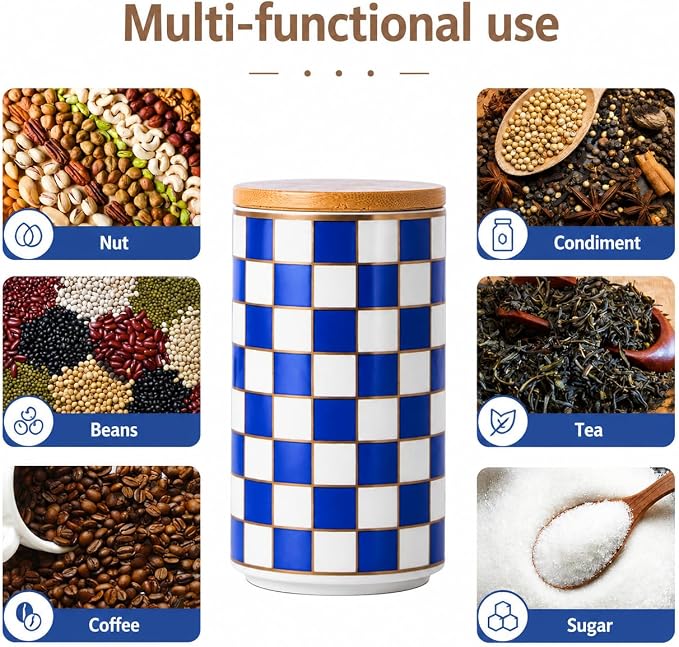 Kitchen Countertop Ceramic Checkered Canisters,Black And White Food Storage Containers With Lid,Airtight Kitchen Canisters for Flour, Sugar, Coffee, Tea, and Dry Goods (Blue, Large) - Image 3