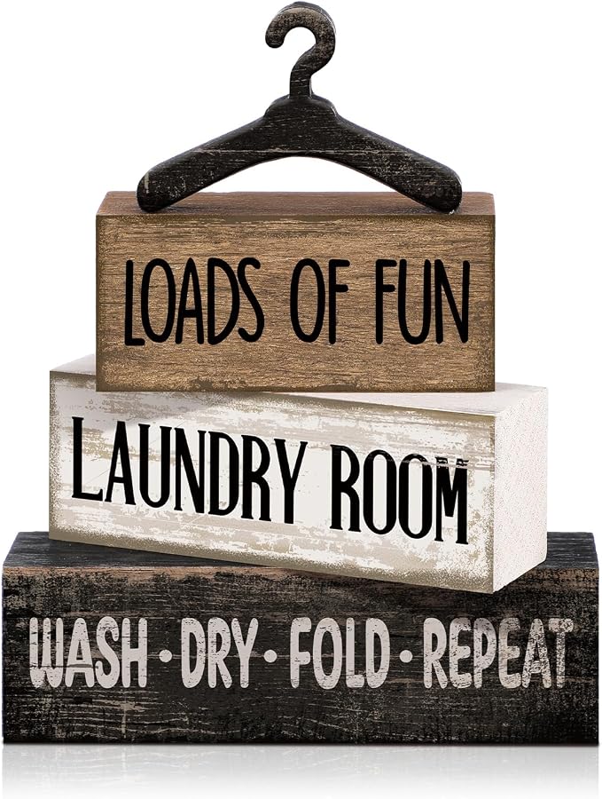 Moucuny 4 Pcs Farmhouse Laundry Room Decor and Accessories Stacked Blocks Loads of Fun Wash Dry Fold Repeat Wooden Signs Set with Vintage Hanger - Rustic Sign for Home Bathroom Shelf Housewarming Gift by Moucuny