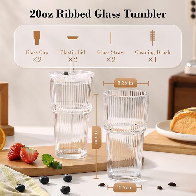 20oz Iced Coffee Cups with Lids, Ribbed Glass Cups with Lids and Straws | Thick Reusable Glass, Leak-Resistant Lids, Fits Most Car Cup Holders, For Iced Coffee, Tea, Smoothies and Cold Drinks - Image 6
