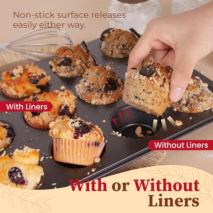 CARTMAN 12-Cup Muffin Pan & 200 Liners, Nonstick Carbon Steel Cupcake Tin | Includes 200 liners, durable carbon steel, nonstick release, for cupcakes, muffins, egg bites, brownies, oven safe 450°F - Image 5