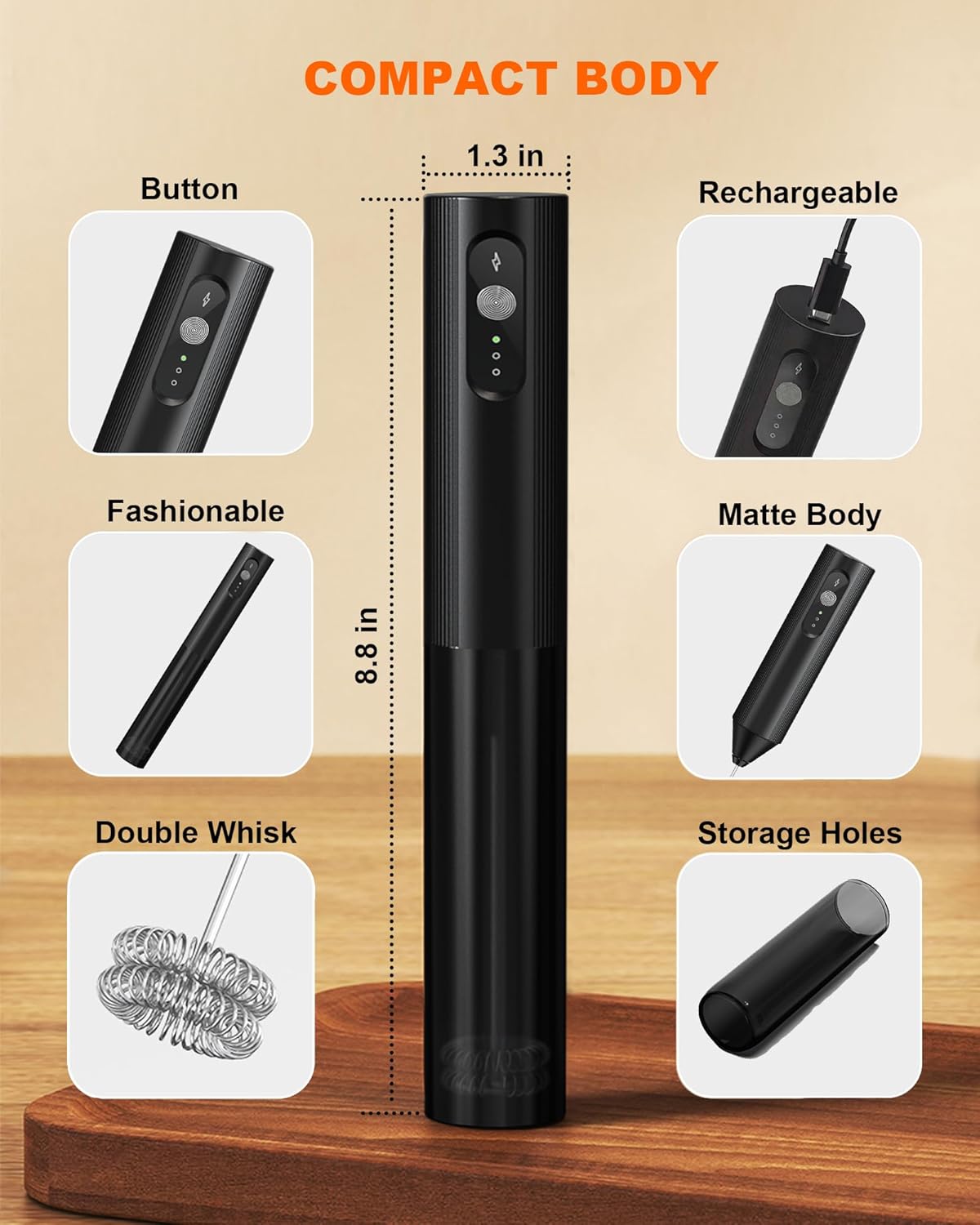 Rechargeable 3-Speed Milk Frother Wand (Black)