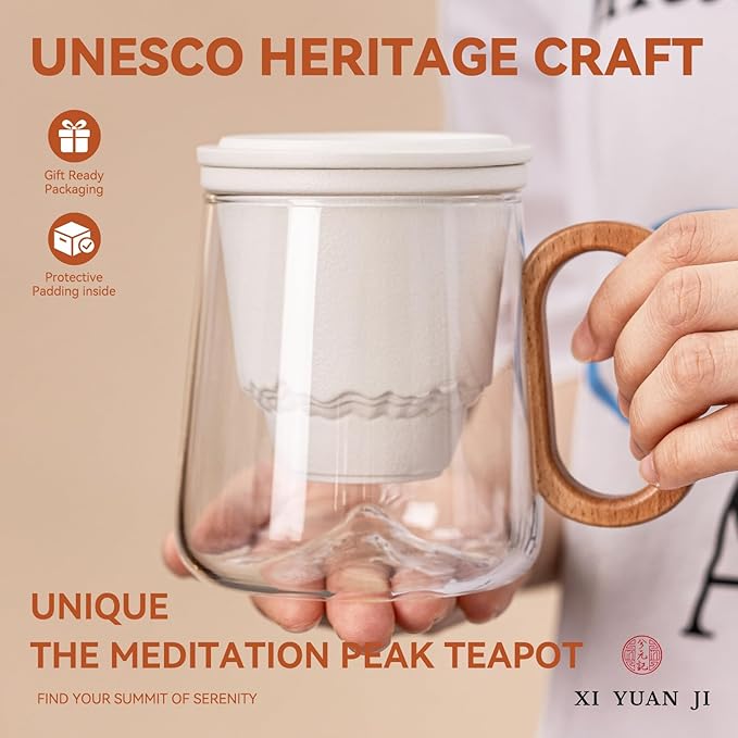 Tea Cup with Infuser and Lid 15oz - Mountain Design Tea Infuser Mug, Loose Leaf Tea Gift Set with Wood Handle, Anniversary Birthday Gift for Nature Lovers