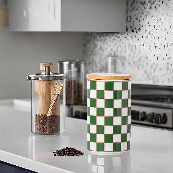 Kitchen Countertop Ceramic Checkered Canisters,Black And White Food Storage Containers With Lid,Airtight Kitchen Canisters for Flour, Sugar, Coffee, Tea, and Dry Goods (Green, Large) - Image 9
