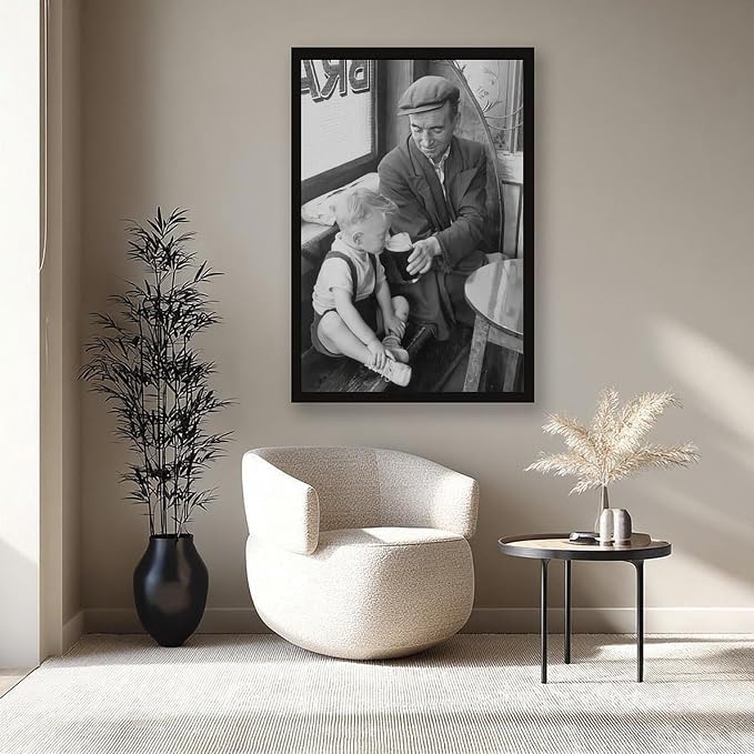 Boy Sipping First Beer, Father And Son at The Bar 1950s, Black And White Retro Pub Poster Canvas Poster Wall Art Decor Print Picture Paintings for Living Room Bedroom Decoration Black Frame 16x24in(40 - Image 8