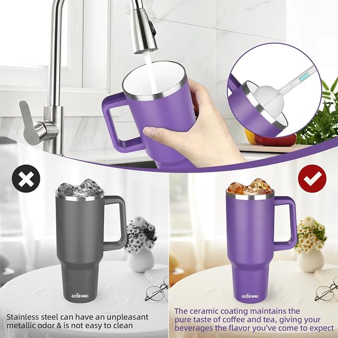 40 oz Insulated Coffee Mug with Ceramic Coating, Stainless Steel Travel Mug Tumbler with Handle Lid and Straw, Double Wall Leak-Proof Coffee Travel Mug Keeps Drink Hot and Cold (Purple) - Image 5