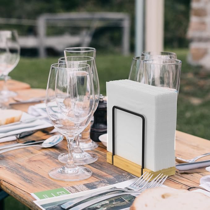 Wican Napkin Holder for Table, Bamboo Iron Standing Napkin Dispenser | Kitchen Dining Table Farmhouse Cocktail Picnic Rustic Wood Holders, Mail Bills, Suitable Dining Room Decors, Black & Yellow - Image 4