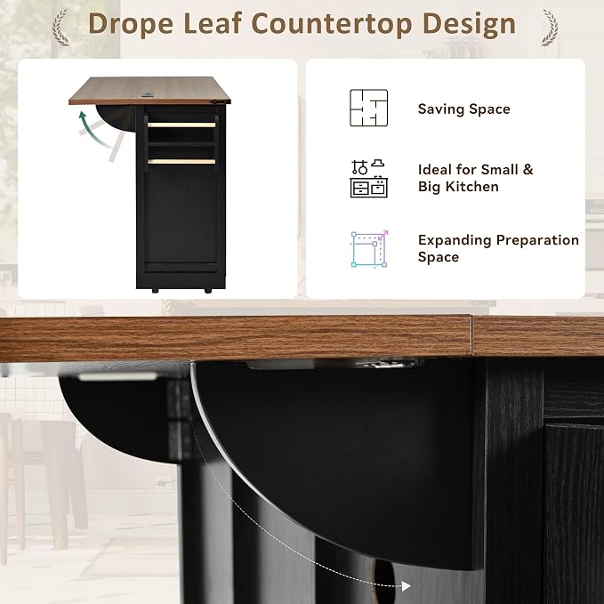 Farmhouse Kitchen Island on Wheels with Drop Leaf & Power Outlet, 53.7-Inch Rolling Storage Island Cart Breakfast Bar with Drawers, Sliding Barn Door Cabinets, Spice Rack (Black) - Image 3
