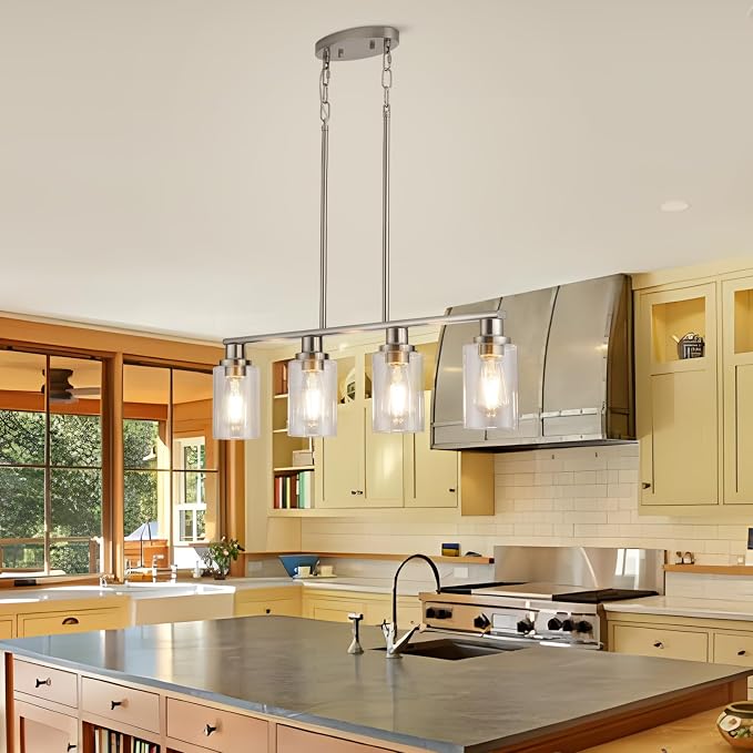 Kitchen Island Lighting, 4-Light Farmhouse Dining Room Light Fixtures Over Table, Linear Chandelier Pendant Lighting for Kitchen Island for Brushed Nickel Finish with Clear Glass Shade - Image 3