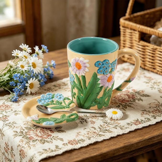 Ceramic Coffee Mug, 19 oz Large Floral Mug with Lid, Novelty Hand-Painted Mugs with Handle & Spoon, Dishwasher & Microwave Safe Cups for Coffee, Tea, Cocoa, Birthday Housewarming Wedding Gift - Beige - Image 5