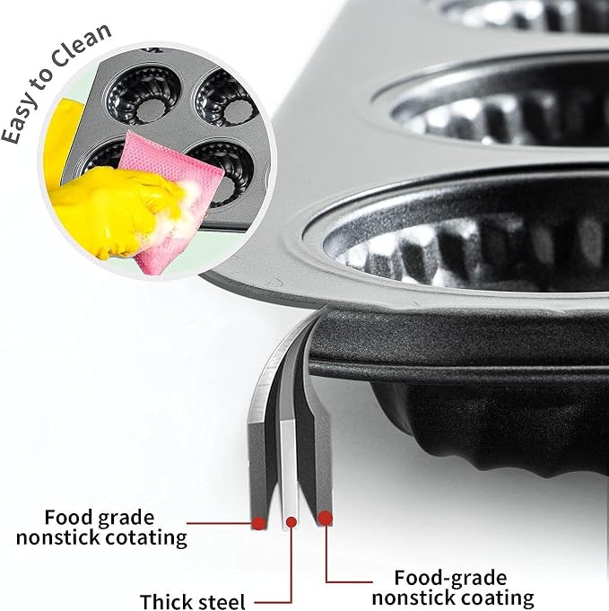Mini Bndt Cake Pan 2 Pack, Nonstick Brownie Bowl Pan 12-Cavity Fluted Small Round Cake Tray Shortcake Pan Mold for Fall Baking Thanksgiving Muffin Bavarois, Carbon Steel Cake Pan - Image 5