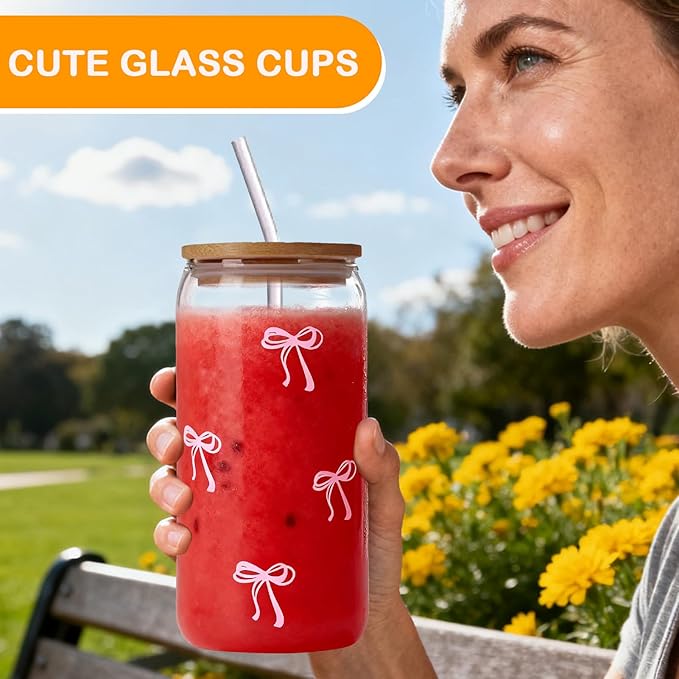 Glass Tumbler – With Straw and Lid, 500ml Bow Cup, Borosilicate Glass, Spill Resistant Lid Design, Reusable Straw Included, Easy Grip Handle | Iced coffee, tea, smoothies, cold beverage