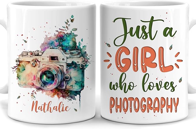 Hyturtle Personalized Gifts Photography Lover - Just A Girl Who Loves Photography Custom Name Ceramic Coffee Mug Cup 11oz - Perfect Idea Gifts For Women, Girl Daughter On Birthday, Christmas by Hyturtle