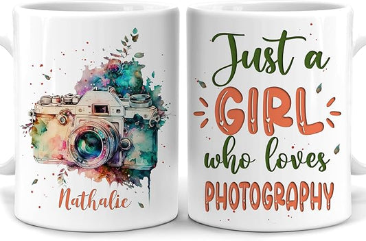 Hyturtle Personalized Gifts Photography Lover - Just A Girl Who Loves Photography Custom Name Ceramic Coffee Mug Cup 11oz - Perfect Idea Gifts For Women, Girl Daughter On Birthday, Christmas by Hyturtle