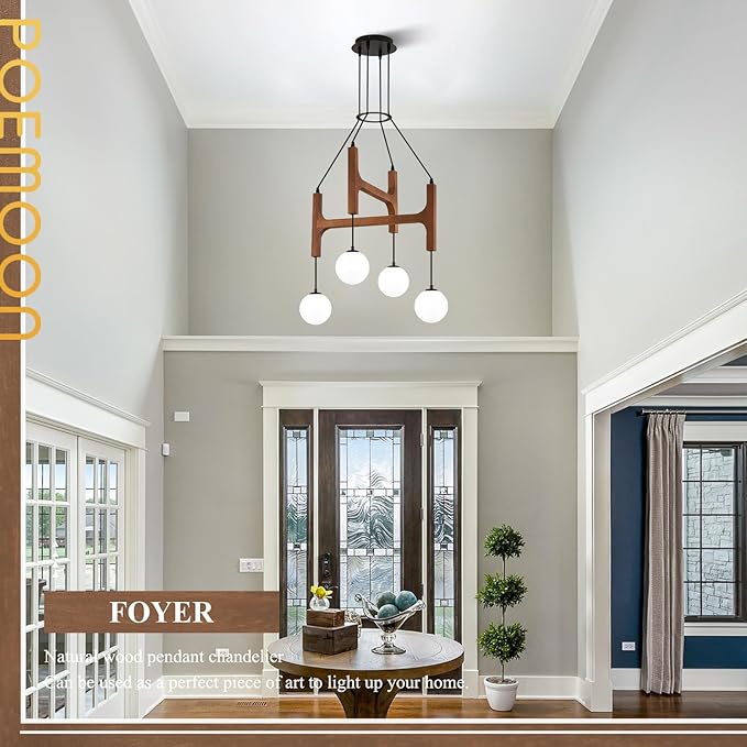 Rustic Wood Chandeliers with Milk Glass Globes Lampshades L24 '' Unique Mid Century Long 4-Light Pendant Chandelier Wood Stained Walnut Farmhouse for Living Dining Room Entryway Bedroom Kitchen,G9 - Image 4