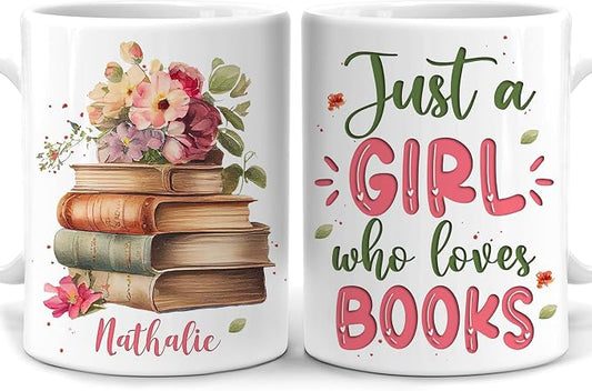 Hyturtle Personalized Gifts Book Lover - Just A Girl Who Loves Books Custom Name Ceramic Coffee Mug Cup 11oz - Reading Book Lovers Gifts For Women, Girl Daughter On Birthday, Christmas by Hyturtle