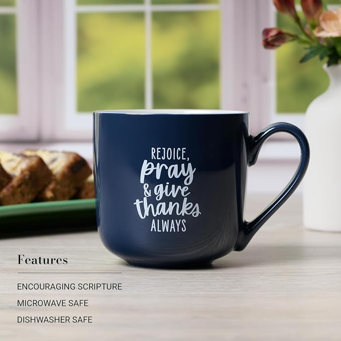 Christian Art Gifts Large Inspirational Ceramic Coffee & Tea Scripture Mug for Women: Rejoice, Pray & Give Thanks Encouraging Bible Verse, Microwave/Dishwasher Safe Cup, Navy & White Multicolor Floral - Image 3