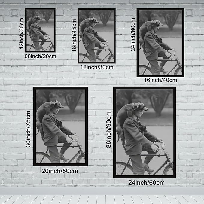 UXCBIA Man on Bike With Two Dogs Portrait, Vintage Dachshund, Black And White, Old Photography Poster Canvas Poster Bedroom Decor Sports Landscape Office Room Decor Gift Black Frame 08x12in(20x30cm) - Image 2