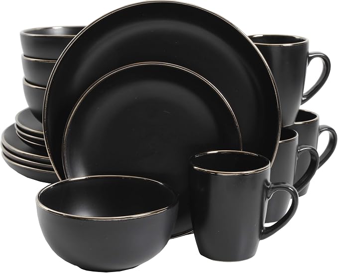 Gibson Home Rockaway 16-Piece Round Stoneware Dinnerware Set, Service for 4 – Black with Gold Rim Plates and Bowls, Microwave & Dishwasher Safe by GibsonHomewares