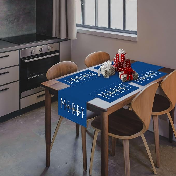 ONWAY Merry Christmas Gold Placemats 12x18 Inch Set of 4 Xmas Winter Holiday Place Mats for Home Party Kitchen Dining Table Decorations Blue - Image 3