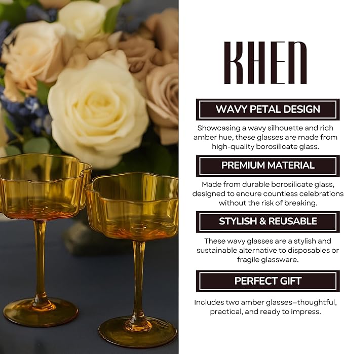 Flower Scalloped Vintage Wavy Petals Wave Glass Coupes 7oz Colorful Martini, Champagne & Cocktails, 2 Set Amber Rippled Champagne Glasses, Elegant Bar Glassware, Unique Aesthetic Coupe Glassware Gifts - Image 7