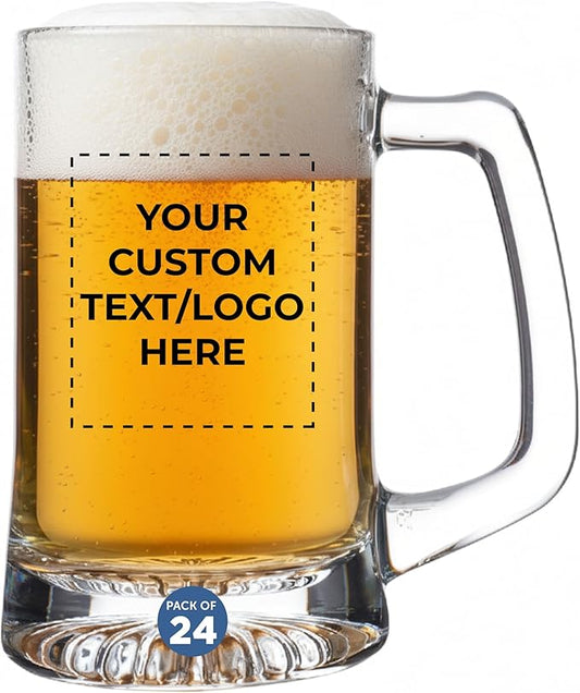 DISCOUNT PROMOS Custom ARC Glass Beer Mugs 14 oz. Set of 24, Personalized Bulk Pack - Great for Octoberfest, Pub, Restaurant - Clear